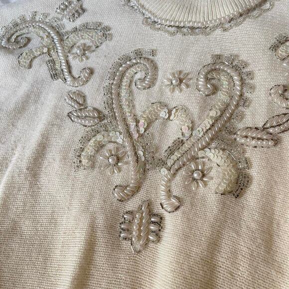 vintage mock neck embellished pearl bead knit sweater sz XL fairy christmas - Picture 4 of 8